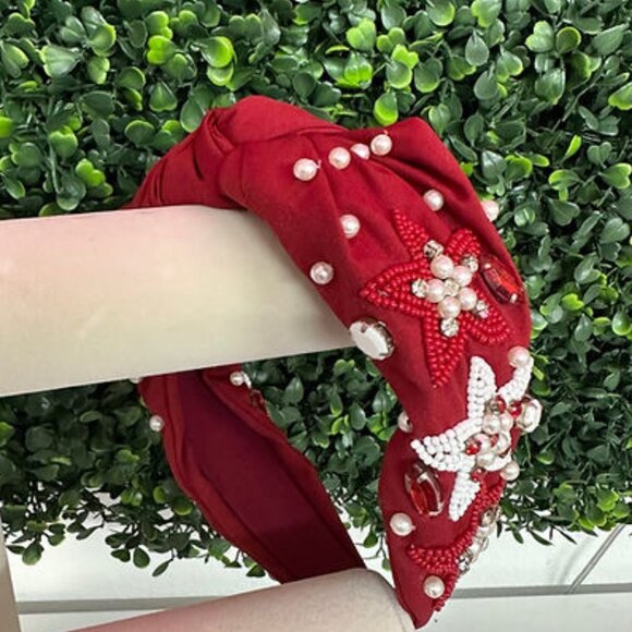 Alabama Roll Tide Crimson Red White Star Beaded Crystal Pearl Football Headband - Picture 5 of 6